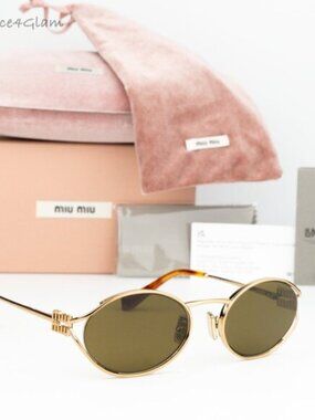 Miu Miu Women Sunglasses Brass Gold Dark Brown Oval MU52YS 7OE01T BRAND NEW